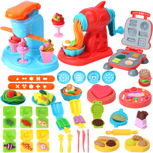 3-in-1 Play Dough Kitchen Set for Kids – Ice Cream, Spaghetti & Burger Maker Food Modeling Toy with 12 Color Dough, Creative Art Craft Kit for Toddlers Boys Girls Age 3+