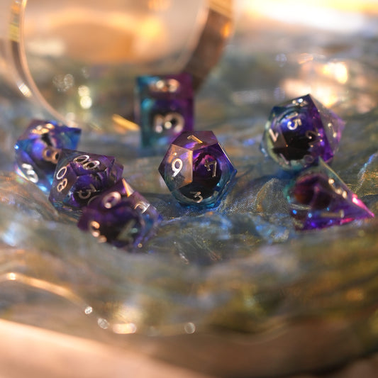 Sirensluck Resin DnD Dice Set Liquid Core Blue Purple Dragon's Eye 7-Piece