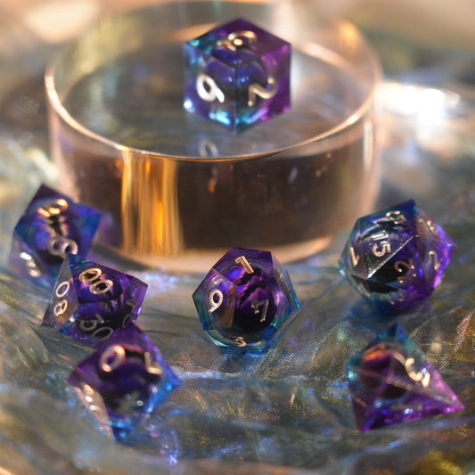 Sirensluck Resin DnD Dice Set Liquid Core Blue Purple Dragon's Eye 7-Piece