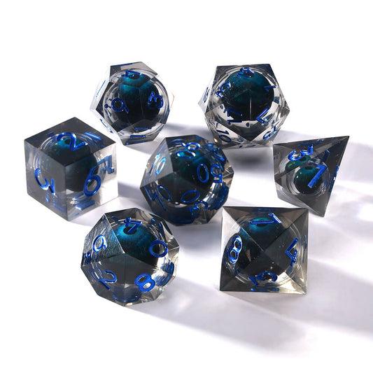 Sirensluck Resin DnD Dice Set Liquid Core Black Blue Round Eye 7-Piece