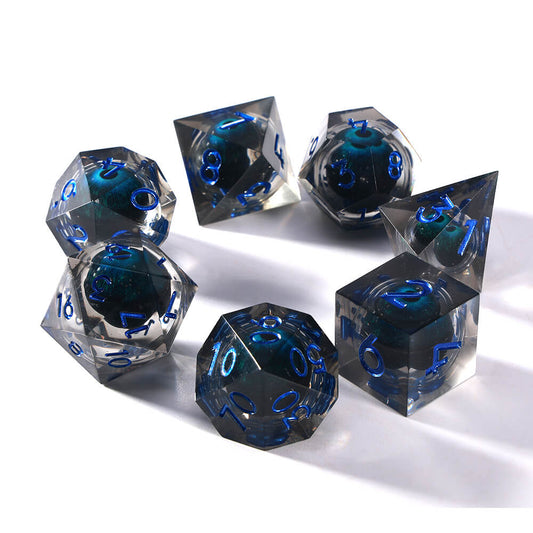 Sirensluck Resin DnD Dice Set Liquid Core Black Blue Round Eye 7-Piece