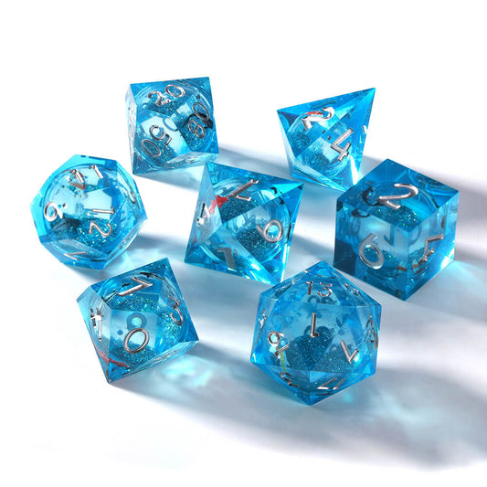 Sirensluck Resin DnD Dice Set Liquid Core Fish Blue Quicksand 7-Piece