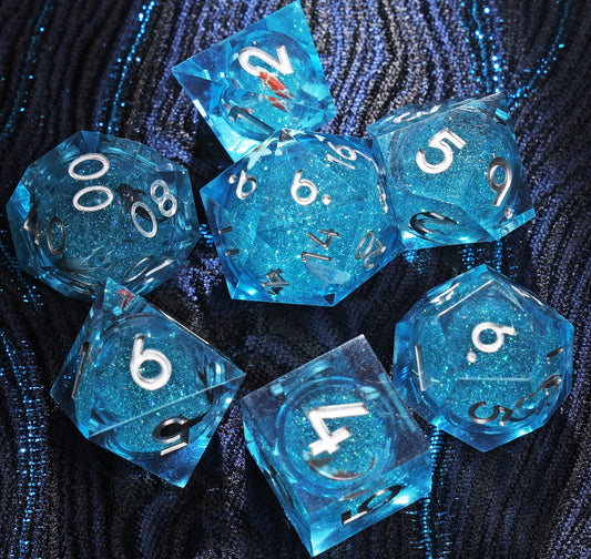 Sirensluck Resin DnD Dice Set Liquid Core Fish Blue Quicksand 7-Piece